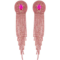 OVAL GEMSTONE CRYSTAL RHINESTONE LONG DROP TASSEL EARRINGS