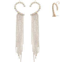 CRYSTAL RHINESTONE EAR CUFF STUD LONG DROP TASSEL EARRINGS WITH HOOK