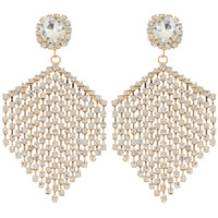 2-TIER DIAMOND SHAPED CRYSTAL DANGLE AND DROP TASSEL EARRINGS