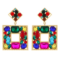 2-TIER GEOMETRIC OPEN SQUARE CRYSTAL CLUSTER DANGLE AND DROP EARRINGS