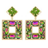 2-TIER GEOMETRIC OPEN SQUARE CRYSTAL CLUSTER DANGLE AND DROP EARRINGS