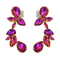 CRYSTAL RHINESTONE LEAF DROPLET CURVED CLUSTER EARRINGS