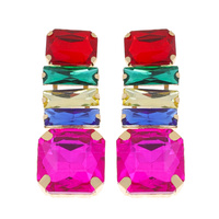 OCTAGON GEOMETRIC CUT 5-TIER LONG DROP CRYSTAL GEMSTONE EARRINGS IN GOLD AND SILVER TONE METAL