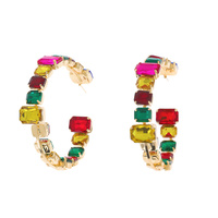 OCTAGON CUT CRYSTAL RHINESTONE INSIDE OUT OPEN HOOP EARRINGS