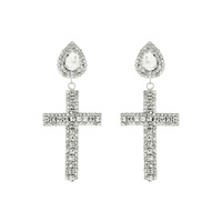 RHINESTONE TEARDROP WITH CROSS DANGLE EARRINGS