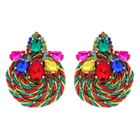 TEARDROP GEMSTONES AND RHINESTONES WOVEN LOOK ETHNIC BOHO ROUND DROP EARRINGS