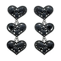 RHINESTONE OUTLINED THREE HEART LONG DROP EARRINGS WITH CRYSTAL GEMSTONES