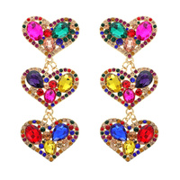 RHINESTONE OUTLINED THREE HEART LONG DROP EARRINGS WITH CRYSTAL GEMSTONES