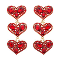 RHINESTONE OUTLINED THREE HEART LONG DROP EARRINGS WITH CRYSTAL GEMSTONES