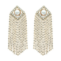 DRESSY ELEGANT OCCASION PEARL AND CRYSTAL RHINESTONE DANGLE FRINGE EARRINGS