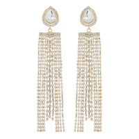 TEARDROP GEM RHINESTONE TASSEL LONG DROP EARRINGS