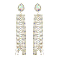 TEARDROP GEM RHINESTONE TASSEL LONG DROP EARRINGS