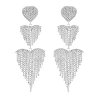 CRYSTAL RHINESTONE HEART TASSEL FRINGE DROP EARRINGS