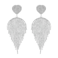 CRYSTAL RHINESTONE HEART TASSEL FRINGE DROP EARRINGS