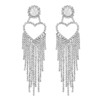 CRYSTAL RHINESTONE HEART TASSEL FRINGE DROP EARRINGS