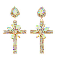 2-TIER TEARDROP POST JEWELED CROSS CRYSTAL RHINESTONE DANGLE AND DROP EARRINGS