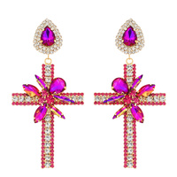 2-TIER TEARDROP POST JEWELED CROSS CRYSTAL RHINESTONE DANGLE AND DROP EARRINGS