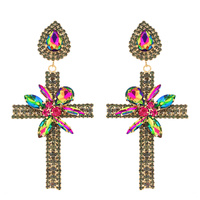 2-TIER TEARDROP POST JEWELED CROSS CRYSTAL RHINESTONE DANGLE AND DROP EARRINGS