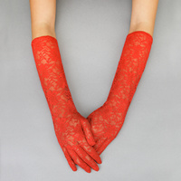 LACE LONG GLOVE W/FLOWERS RED