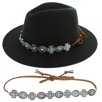 WESTERN TURQUOISE SEMI STONE SCALLOPED CONCHO BRAIDED LEATHER HAT BAND