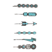 6-PIECE WESTERN TURQUOISE SEMI STONE ASSORTED HAIR PIN SET IN OXIDIZED SILVER TONE METAL