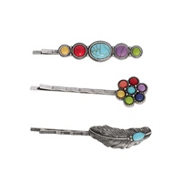 3-PIECE WESTERN TURQUOISE SEMI STONE ASSORTED HAIR PIN SET IN OXIDIZED SILVER TONE METAL