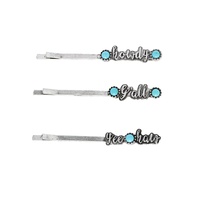 WESTERN 3-PIECE ASSORTED TURQUOISE SEMI STONE "HOWDY", "Y'ALL", "YEEHAW" DECORATIVE BOBBY  PIN HAIR CLIP SET