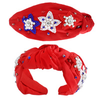 JEWELED AND BEADED USA PATRIOTIC STAR PATTERN KNOTTED HEADBAND