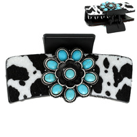 WESTERN COWHIDE TURQUOISE FLOWER CONCHO CLAW CLIP