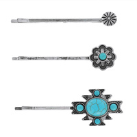 3-PIECE ASSORTED SET DECORATIVE WESTERN TURQUOISE SEMI STONE BOBBY PIN HAIR PIN