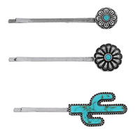 CACTUS - 3-PIECE ASSORTED SET DECORATIVE WESTERN TURQUOISE SEMI STONE BOBBY PIN HAIR PINS