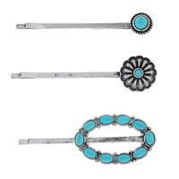 OPEN OVAL-  3-PIECE ASSORTED SET DECORATIVE WESTERN TURQUOISE SEMI STONE BOBBY PIN HAIR PINS