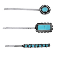 3-PIECE ASSORTED SET DECORATIVE WESTERN TURQUOISE SEMI STONE BOBBY PIN HAIR PINS