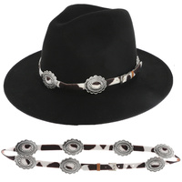 LEATHER/ COW PRINT- WESTERN CONCHO LEATHER HAT BAND IN SILVER TONE OXIDIZED METAL