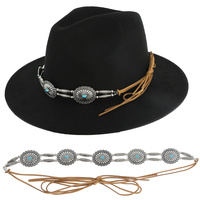 WESTERN SYNTHETIC SEMI STONE TURQUOISE CONCHO METAL HAT BAND WITH LEATHER STRAPS IN SILVER TONE OXIDIZED METAL