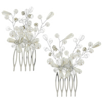 2-PIECE SET CRYSTAL AND PEARL  FLORAL SIDE COMBS
