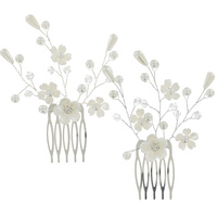 2-PIECE SET CRYSTAL AND PEARL  FLORAL SIDE COMBS