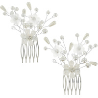 2-PIECE SET CRYSTAL AND PEARL  FLORAL SIDE COMBS