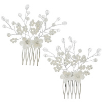 2-PIECE SET CRYSTAL AND PEARL  FLORAL SIDE COMBS