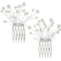 2-PIECE SET CRYSTAL AND PEARL  FLORAL SIDE COMBS