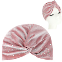VELVET SOFT PRE TIED KNOT PLEATED TURBAN WITH CRYSTAL RHINESTONE