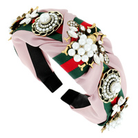 BUMBLE BEE FLORAL STONE PEARL GREEN RED STRIPE KNOTTED HEADBAND