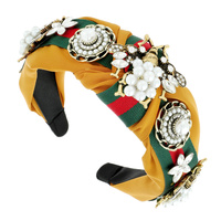 BUMBLE BEE FLORAL STONE PEARL GREEN RED STRIPE KNOTTED HEADBAND