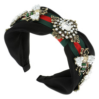 GREEN RED STRIPE KNOTTED HEADBAND WITH PEARL AND GEM STONE VINTAGE BEE
