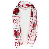 Satin And Chiffon Striped Scarf With Roses Hearts Print Hg7001