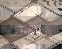 Satin And Chiffon Striped Scarf With Abstract Lines And Leaves Pattern Print Hg7034