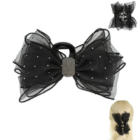 POLKA DOT MESH RHINESTONE BOW CLAW HAIR CLIP