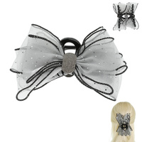 POLKA DOT MESH RHINESTONE BOW CLAW HAIR CLIP