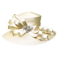Large Satin Braid Hat with Curly Bow and Stone Brooch
