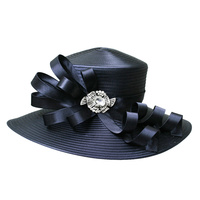 Large Satin Braid Hat with Curly Bow and Stone Brooch